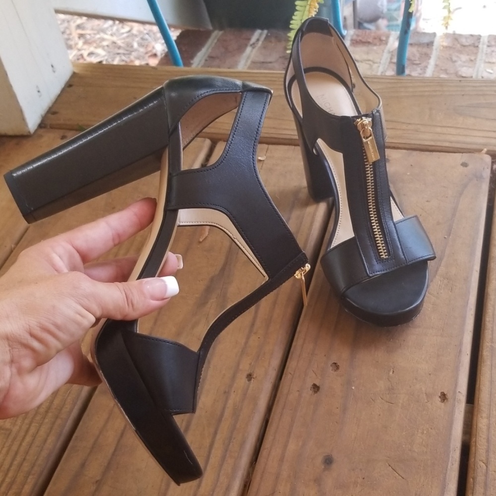 Michael Kors chunky heels wide T strap & zip 9.5